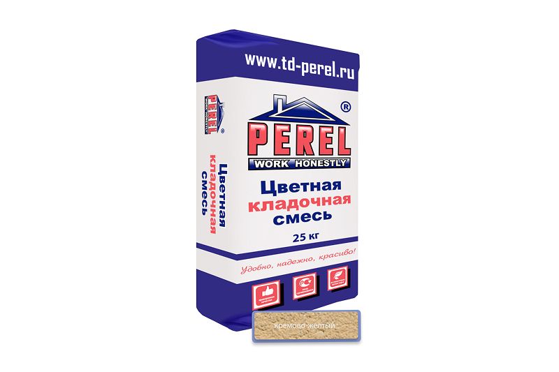 "Perel SL (лето), 25 кг" Цветные кладочные растворы , применяются для кладки кирпича с водопоглощением от 5 до 12 %. 0030 кремово-желтая